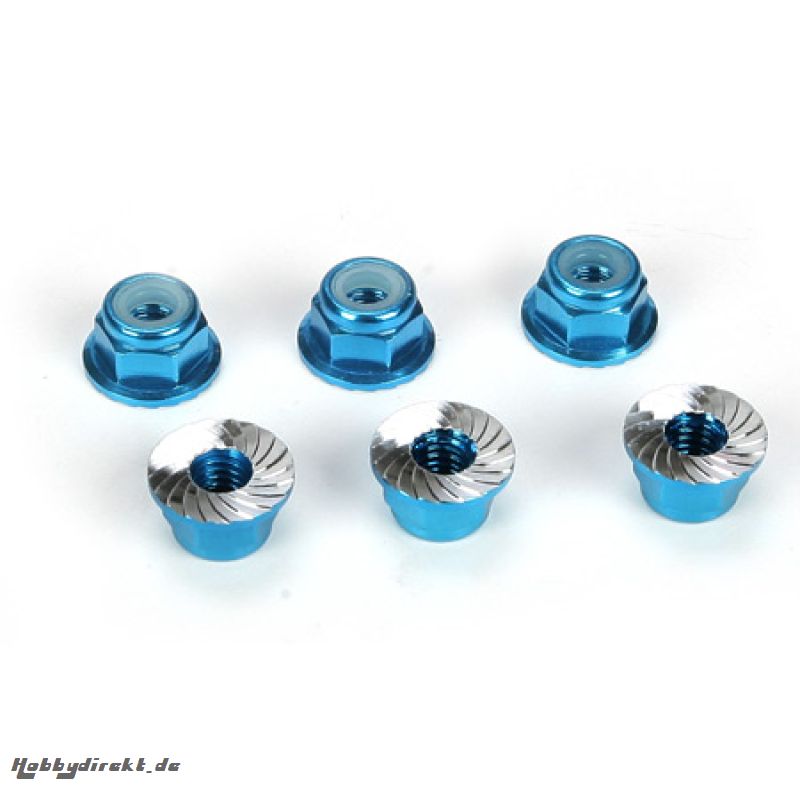 4mm Aluminum  Serrated Lock Nuts, Blue (6) Horizon LOSB3993