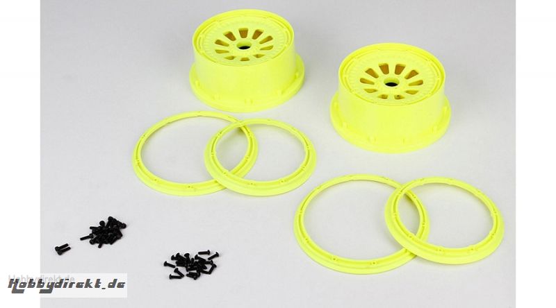 Wheel & Beadlock Set, Flo Yellow (2), 5T Horizon LOSB7035