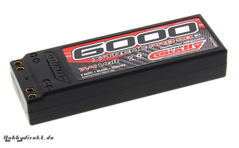 Team Corally - X-Treme Pro 90C - 6000 mAh - 7,4V 2S - Wettbewerbs Li-Po Akku - Stick Hardcase - Dual Gold Buchse 4mm - Efra/Brca Approved C-48257