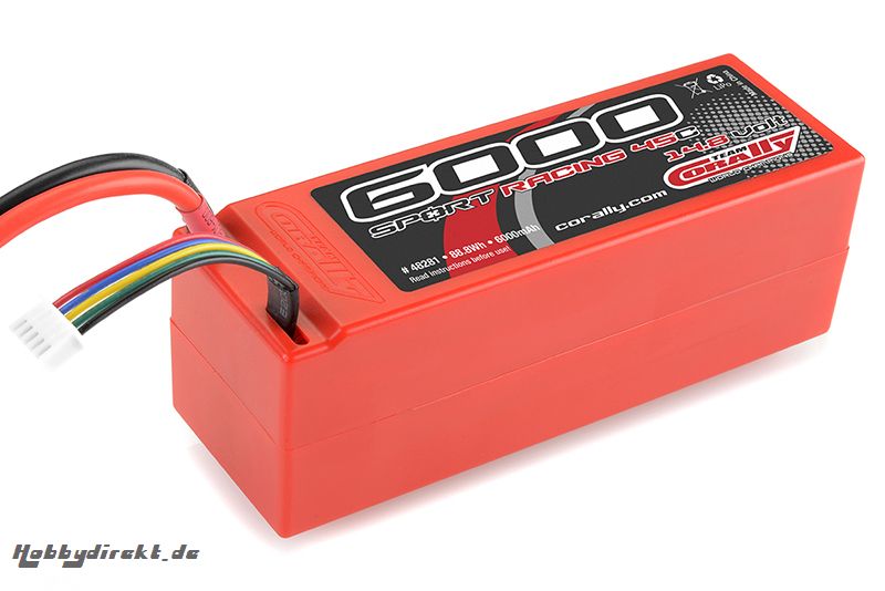 Team Corally - Sport Racing 45C - 6000 mAh - 14,8V 4S - Wettbewerbs Li-Po Akku - Stick Hardcase - 12 Awg Silikonkabel - T-Plug Buchse C-48281-D