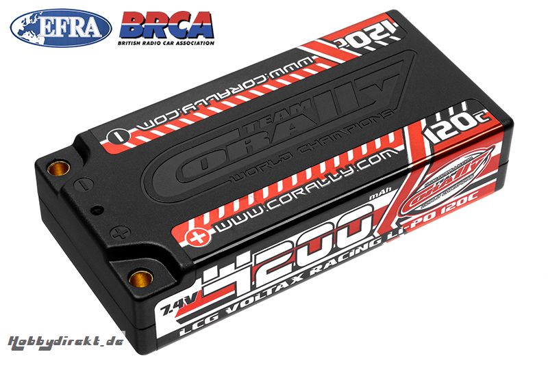 Team Corally - Voltax 120C LiPo Battery - 4200mAh - 7.4V - LCG Shorty 2S - 4mm Bullit C-49500