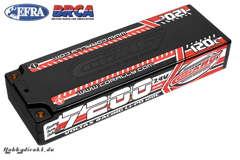 Team Corally - Voltax 120C LiPo Battery - 7200mAh - 7.4V - Stick 2S -  4mm Bullit C-49520