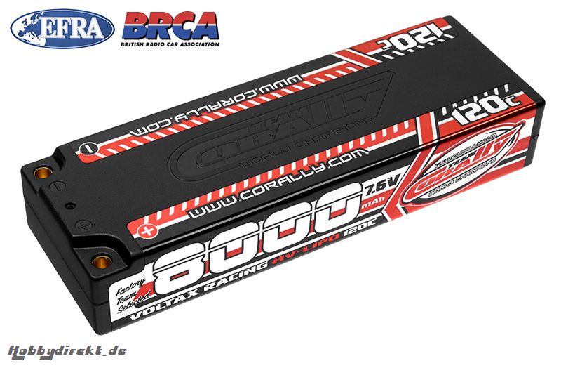 Team Corally - Voltax 120C LiPo HV Battery - 8000 mAh - 7.6V - Stick 2S -  4mm Bullit C-49623