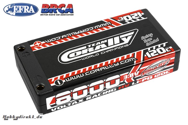 Team Corally - Voltax 120C LiPo HV Battery - 8000 mAh - 3.8V - 1S Hardcase - 4mm Bullit C-49635