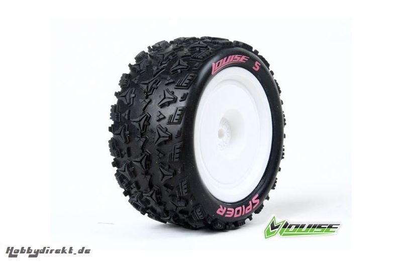 Louise RC - E-SPIDER - 1-10 Buggy Reifen - Fertig Verklebt - Soft - Felgen Weiss - Kyosho - Hex 12mm - 4WD - Hinten - 1 Paar LR-T3200SWKR