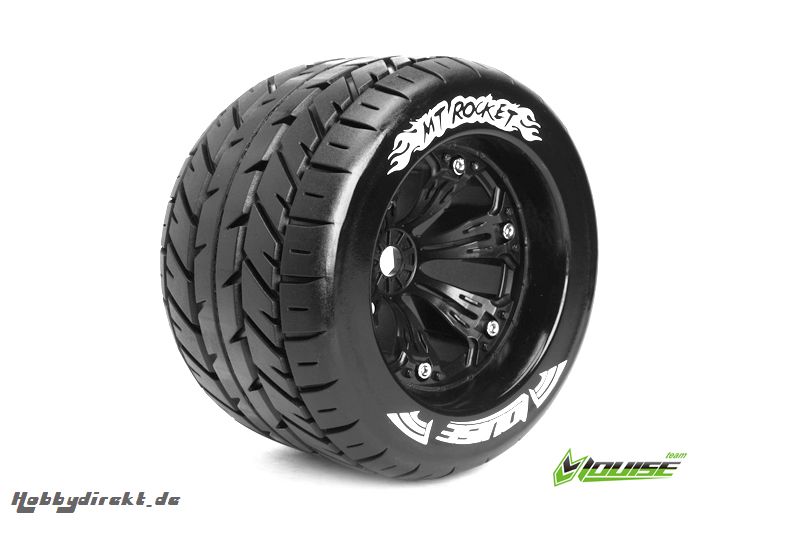 Louise RC - MT-ROCKET - 1-8 Monster Truck Reifen - Fertig Verklebt - Medium - 3.8 Felgen Schwarz - 0-Offset - EP E-MAXX Vorder - Hinten - GP REVO 3.