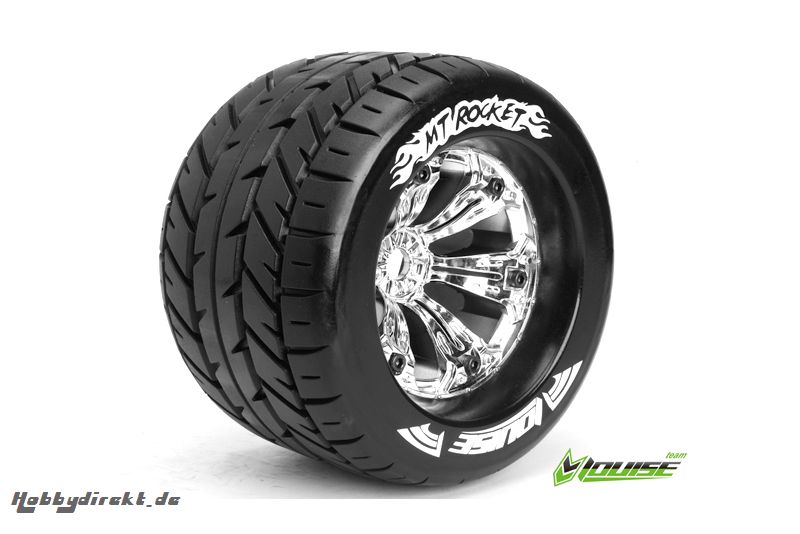 Louise RC - MT-ROCKET - 1-8 Monster Truck Reifen - Fertig Verklebt - Medium - 3.8 Felgen Chrom - 0-Offset - EP E-MAXX Vorder - Hinten - GP REVO 3.3 V