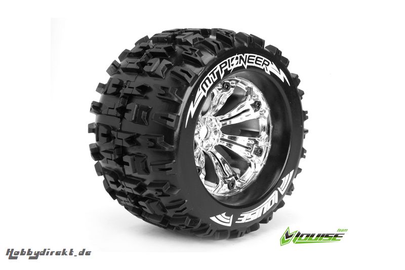 Louise RC - MT-PIONEER - 1-8 Monster Truck Reifen - Fertig Verklebt - Medium - 3.8 Felgen Chrom - 0-Offset - EP E-MAXX Vorder - Hinten - GP REVO 3.3