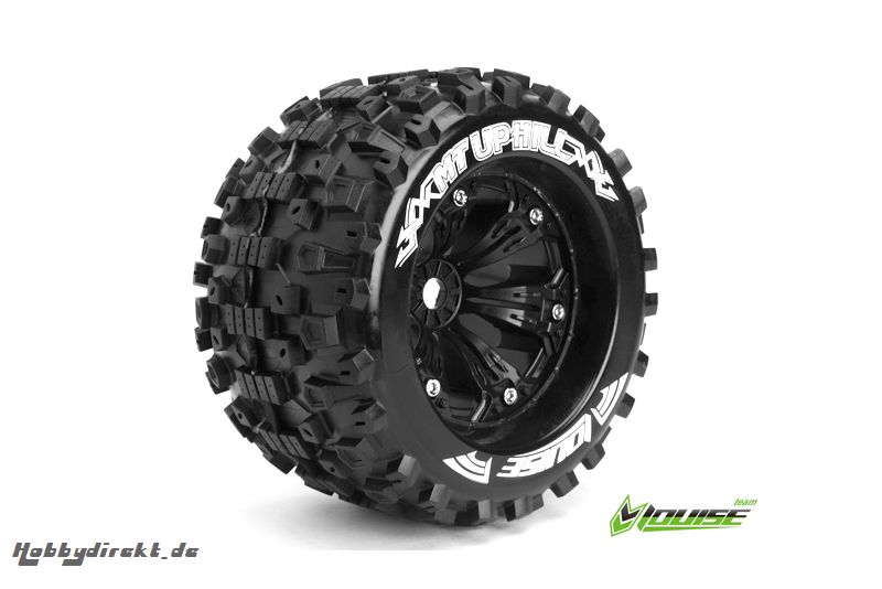 Louise RC - MT-UPHILL - 1-8 Monster Truck Reifen - Fertig Verklebt - Medium - 3.8 Felgen Schwarz - 0-Offset - EP E-MAXX Vorder - Hinten - GP REVO 3.