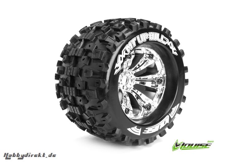 Louise RC - MT-UPHILL - 1-8 Monster Truck Reifen - Fertig Verklebt - Medium - 3.8 Felgen Chrom - 0-Offset - EP E-MAXX Vorder - Hinten - GP REVO 3.3 V