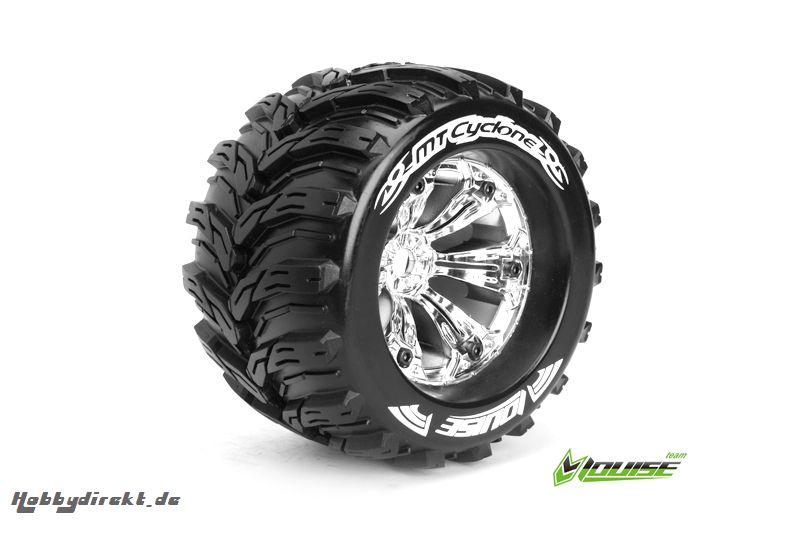 Louise RC - MT-CYCLONE - 1-8 Monster Truck Reifen - Fertig Verklebt - Medium - 3.8 Felgen Chrom - 0-Offset - EP E-MAXX Vorder - Hinten - GP REVO 3.3