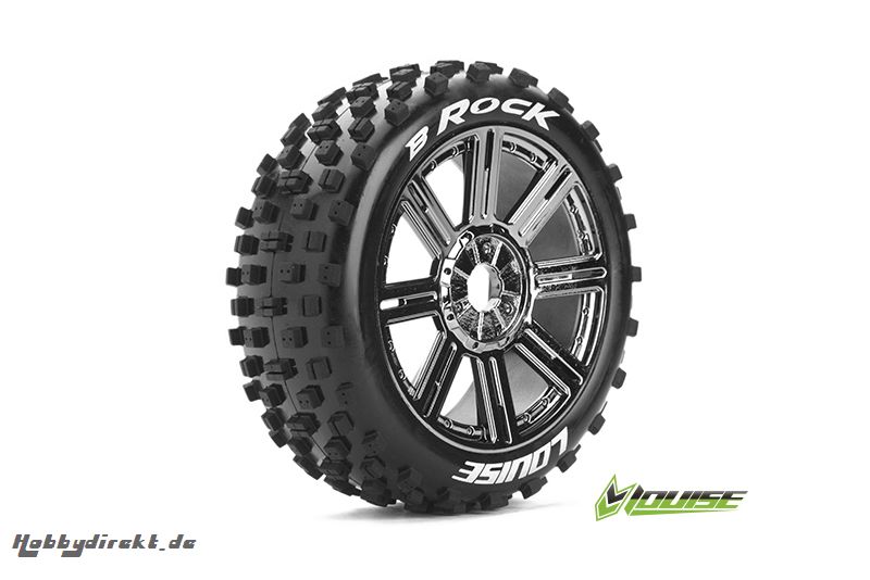 Louise RC - B-ROCK - 1-8 Buggy Reifen - Fertig Verklebt - Soft - Speichen Felgen Schwarz Chrom - Hex 17mm - 1 Paar LR-T3270SBC