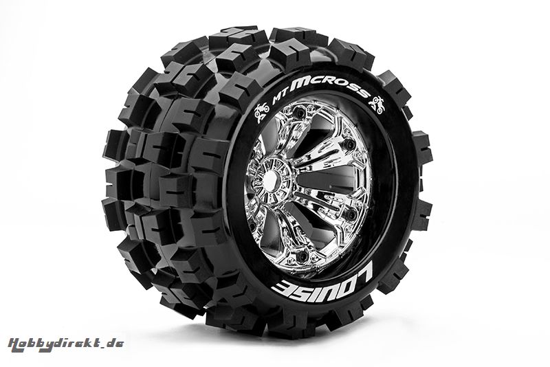 Louise RC - MT-MCROSS - 1-8 Monster Truck Reifen - Fertig Verklebt - Medium - 3.8 Felgen Chrom - 0-Offset - EP E-MAXX Vorder - Hinten - GP REVO 3.3