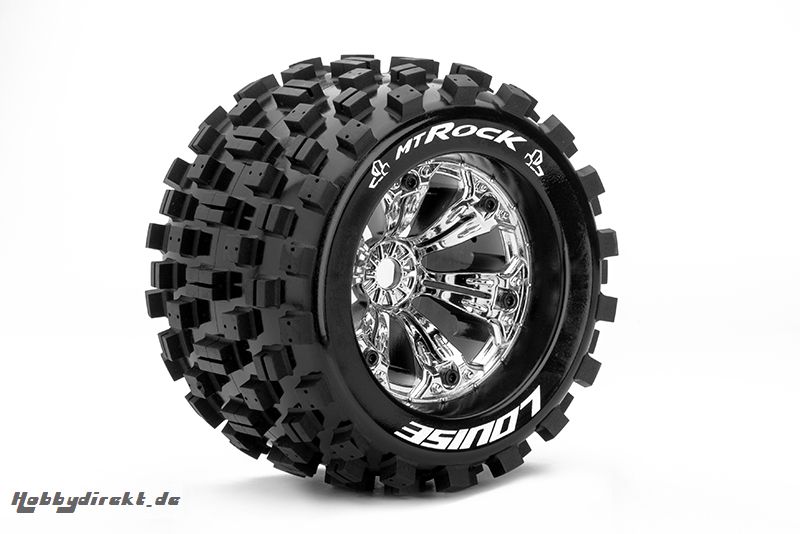 Louise RC - MT-ROCK - 1-8 Monster Truck Reifen - Fertig Verklebt - Medium - 3.8 Felgen Chrom - 0-Offset - EP E-MAXX Vorder - Hinten - GP REVO 3.3 Vor