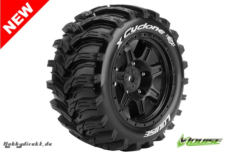 Louise RC - X-CYCLONE - X-Maxx Reifen - Fertig Verklebt - SPORT - Felgen Schwarz - Hex 24mm - 1 Paar LR-T3298B