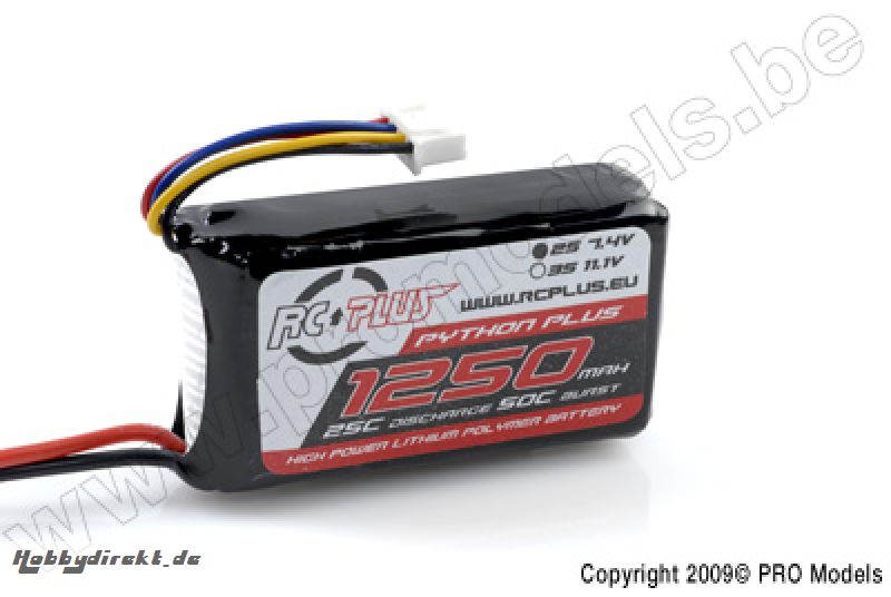 RC Plus - Python Plus 25-30C 1250 Mah 2S1P 7,4V LiPo Batterypack, Deans Conn. RC-A25-1250-2S1P