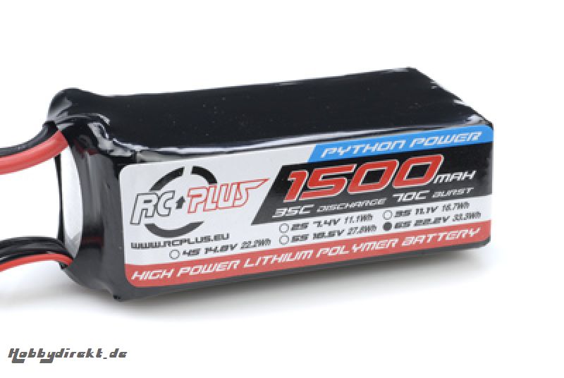 RC Plus - Python Power 35C 1500 Mah 6S1P 22,2V LiPo Batterypack, Deans Conn. RC-A35-1500-6S1P