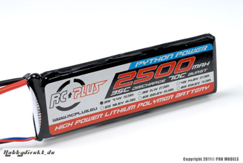 RC Plus - Li-Po Akku - Python Power 35C - 2500 mAh - 2S1P - 7,4V - Deans Stecker RC-A35-2500-2S1P