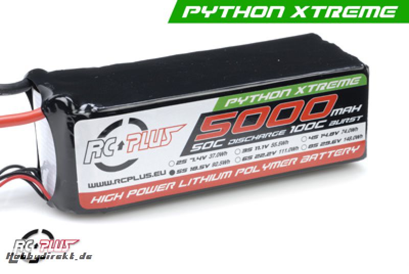 RC Plus - Li-Po Akku - Python X-Treme 55C - 5000 mAh - 5S1P - 18,5V - Deans Stecker RC-A50-5000-5S1P