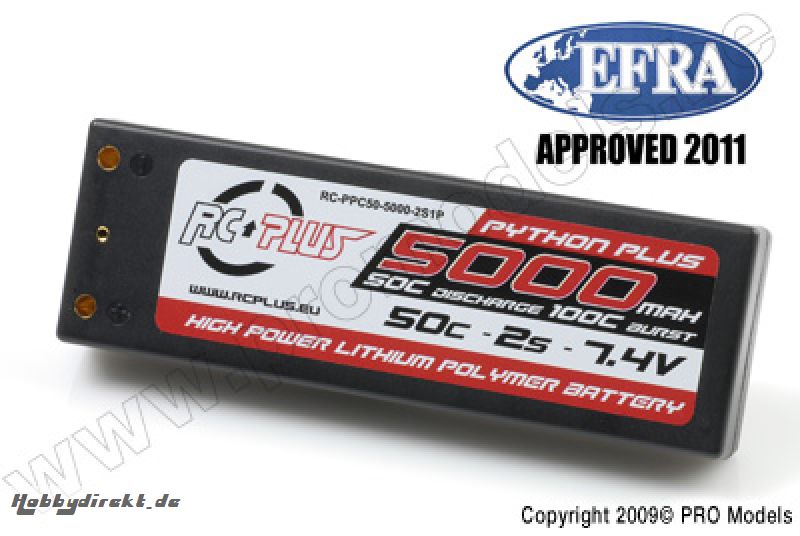 RC Plus - Python Plus Car 50C 5000 Mah 2S 7,4V Hard Case, 4mm Bullet Conn. RC-PPC50-5000-2S