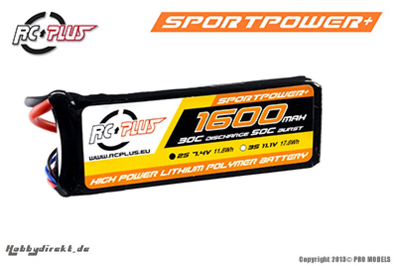 RC Plus - Li-Po Akku - Sportsline 30C - 1600 mAh - 2S1P - 7,4V - Deans Stecker RC-S30-1600-2S1P