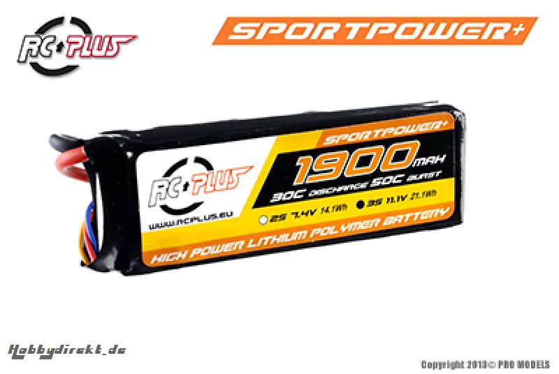 RC Plus - Li-Po Akku - Sportsline 30C - 1900 mAh - 3S1P - 11,1V - Deans Stecker RC-S30-1900-3S1P