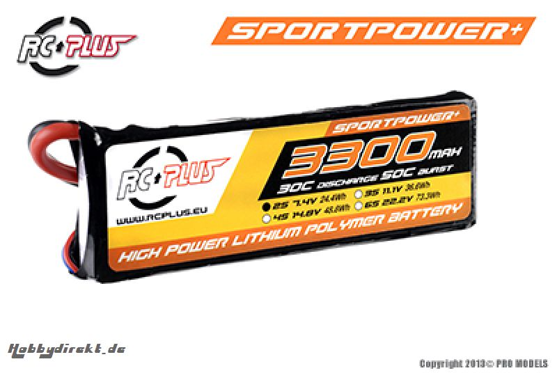 RC Plus - Li-Po Akku - Sportsline 30C - 3300 mAh - 2S1P - 7,4V - Deans Stecker RC-S30-3300-2S1P