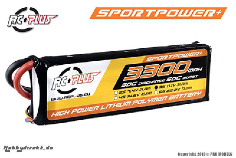 RC Plus - Li-Po Akku - Sportsline 30C - 3300 mAh - 3S1P - 11,1V - Deans Stecker RC-S30-3300-3S1P