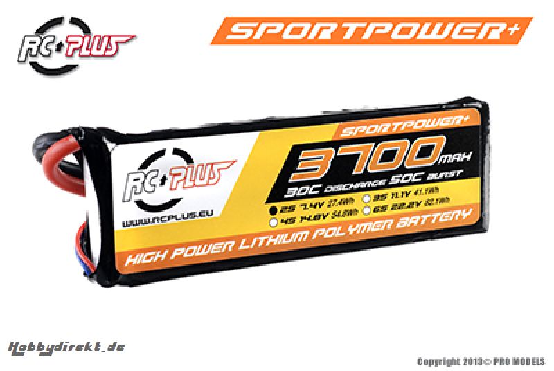 RC Plus - Li-Po Akku - Sportsline 30C - 3700 mAh - 2S1P - 7,4V - Deans Stecker RC-S30-3700-2S1P