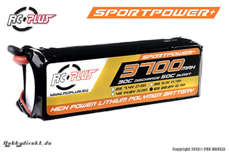 RC Plus - Li-Po Akku - Sportsline 30C - 3700 mAh - 6S1P - 22,2V - Deans Stecker RC-S30-3700-6S1P