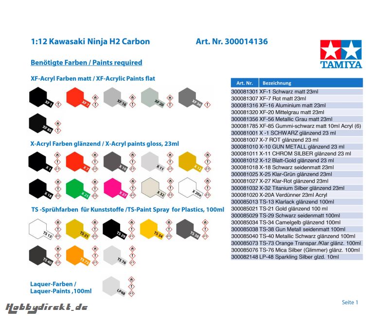 1:12 Kawasaki Ninja H2 Carbon Tamiya 14136 300014136