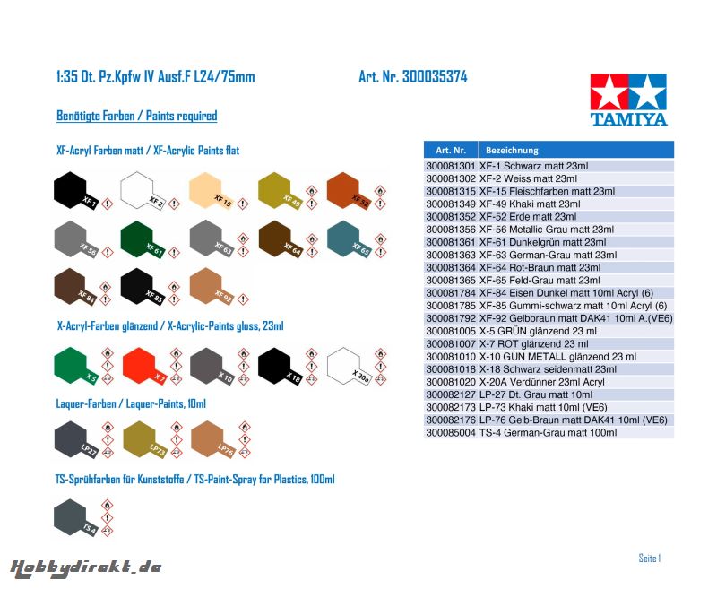 1:35 Dt. Pz.Kpfw IV Ausf.F L24/75mm Tamiya 35374 300035374