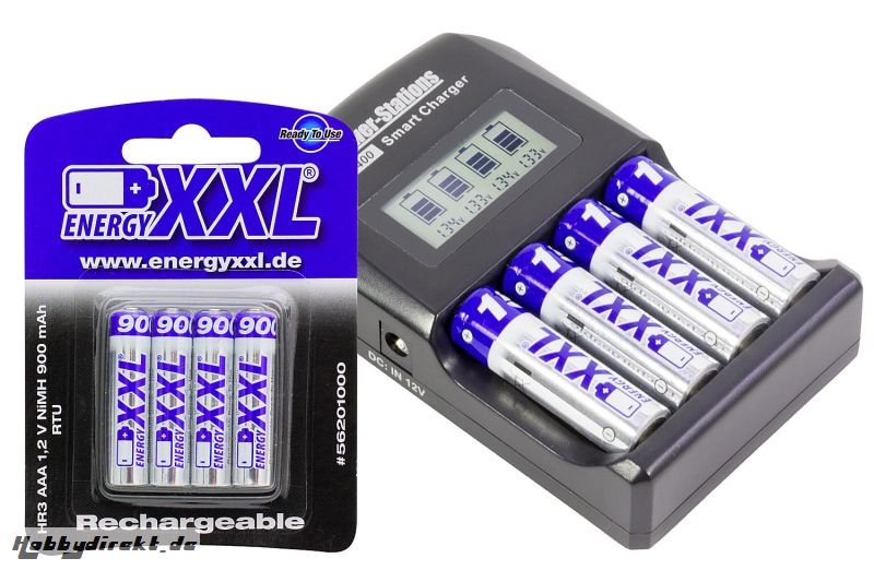 XciteRC Ladegerät für AA/AAA/9V-Akkus inkl. energyXXL Micro Akkus 900 mAh RTU TYP AAA 1,2V 4 Stück XciteRC 52000011