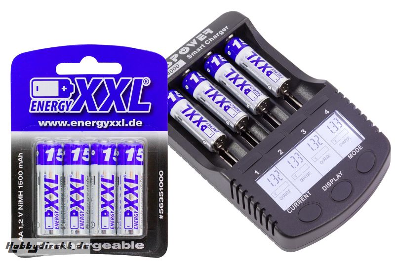 XciteRC Ladegerät für NiMH AA/AAA/SC/C und LiIo mit USB-Ausgang,  Kapazitätsanzeige und Innenwiderstandstest, Ladestrom max. 1000 mAh inkl. energyXXL