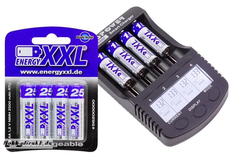 XciteRC Ladegerät für NiMH AA/AAA/SC/C und LiIo mit USB-Ausgang,  Kapazitätsanzeige und Innenwiderstandstest, Ladestrom max. 1000 mAh inkl. energyXXL