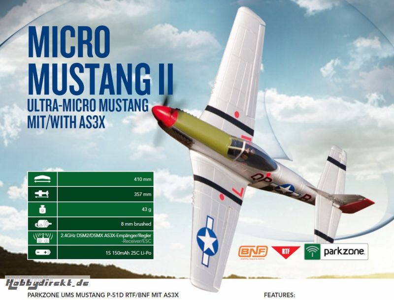 Parkzone Ultra-Micro P-51D Mustang RTF Mode 1 mit  AS3X Horizon 